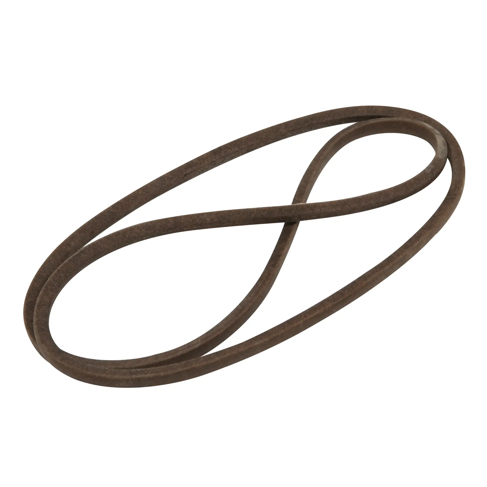 A brown rubber drive belt for machinery, shown coiled in a loop on a white background.