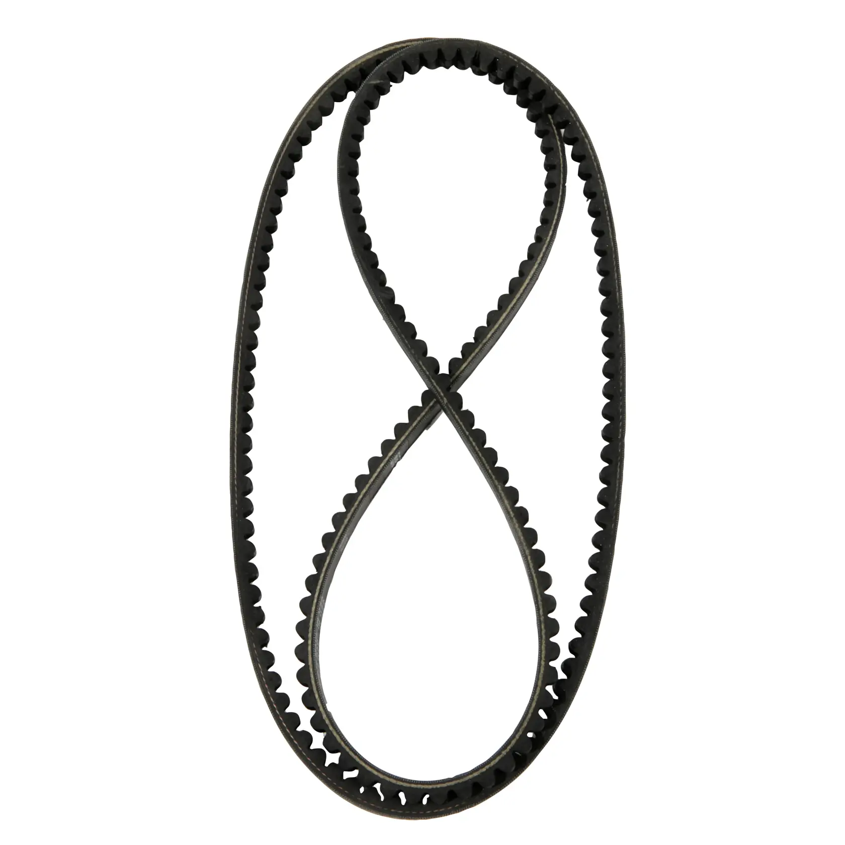 A black, rubber toothed drive belt is shown twisted into a figure-eight shape on a white background.