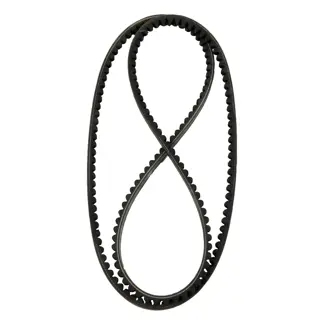 A black, rubber toothed drive belt is shown twisted into a figure-eight shape on a white background.