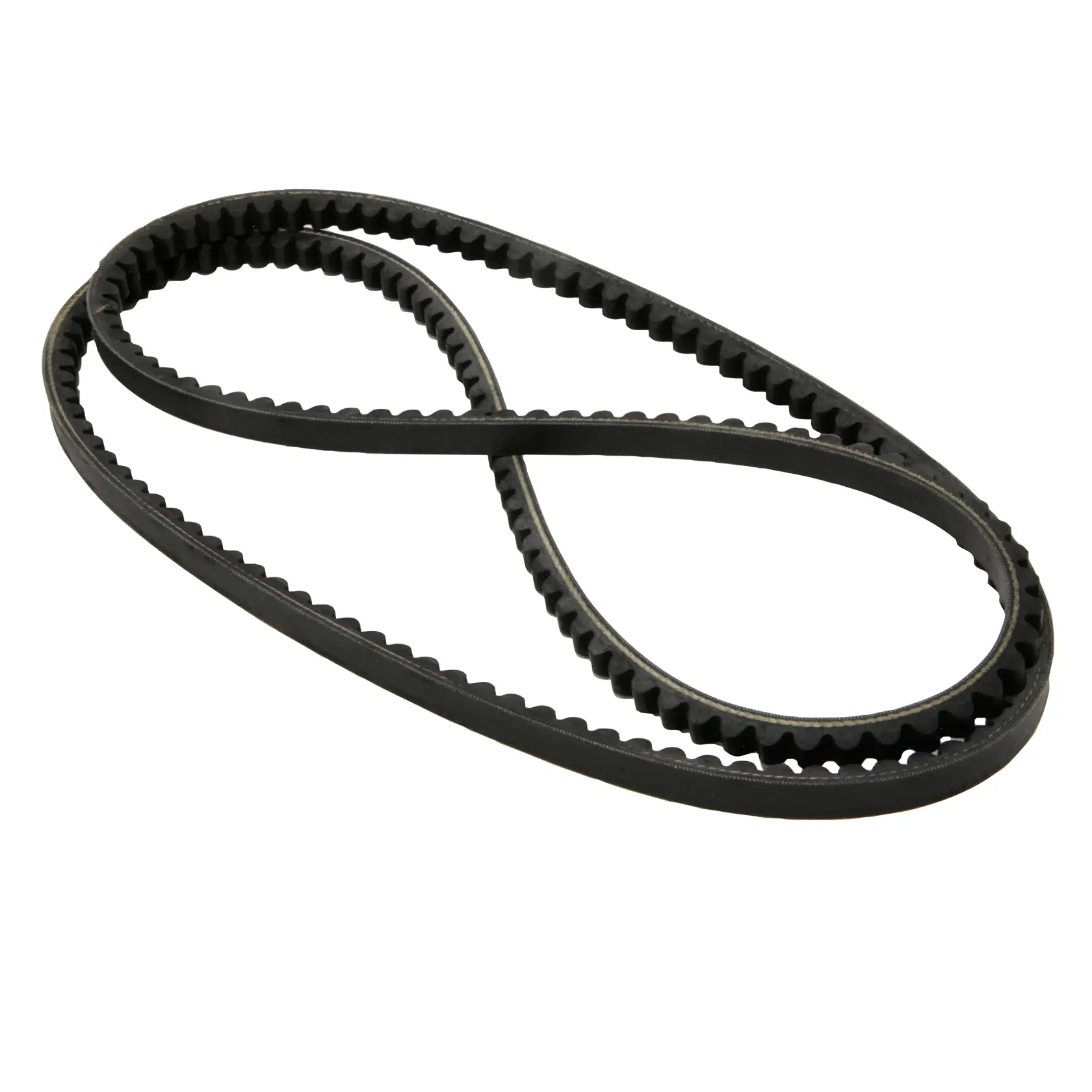 A close-up of a black ribbed drive belt used for machinery or power tools, lying on a white background.