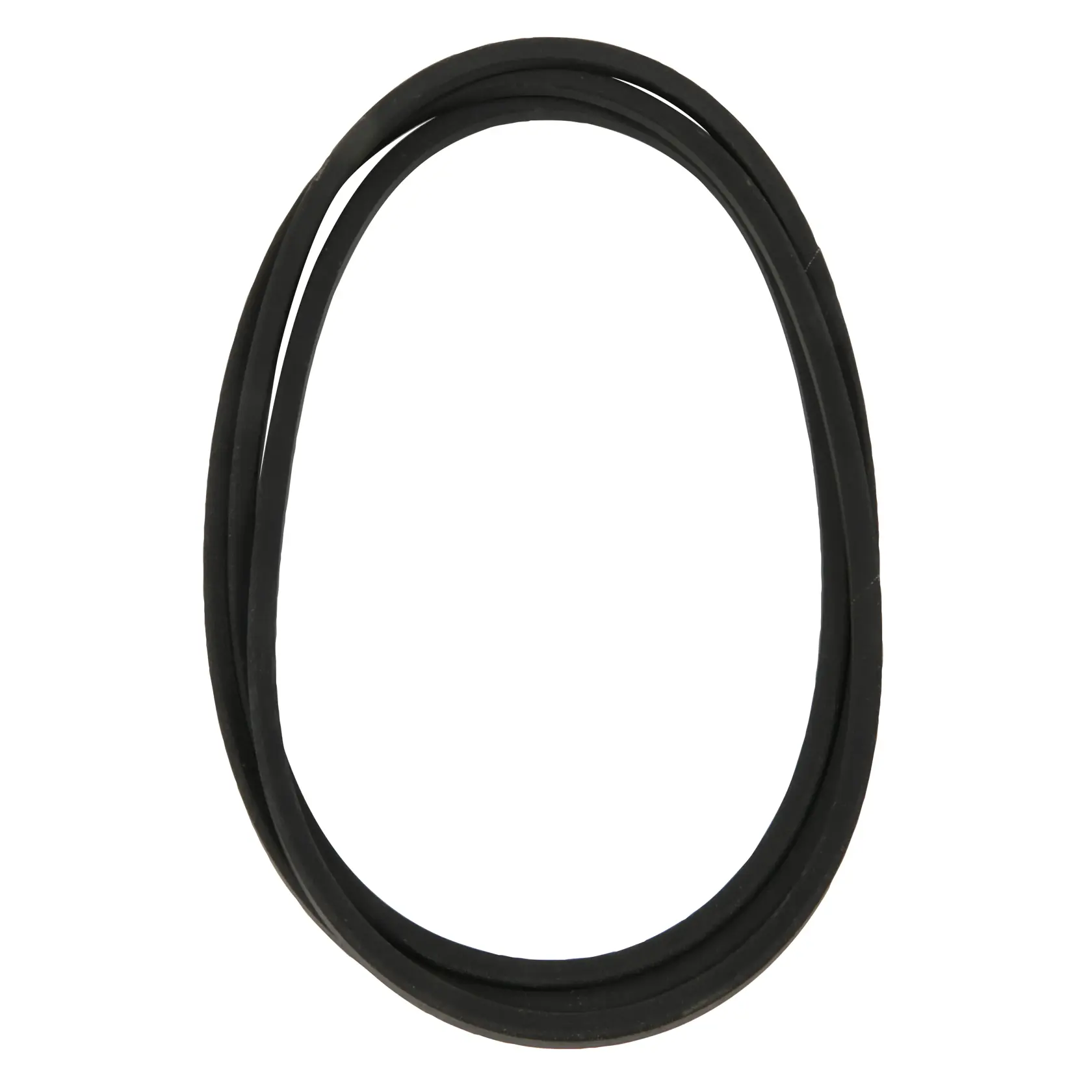 A black rubber drive belt, shown in an oval shape against a white background.