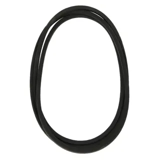 A black rubber drive belt, shown in an oval shape against a white background.