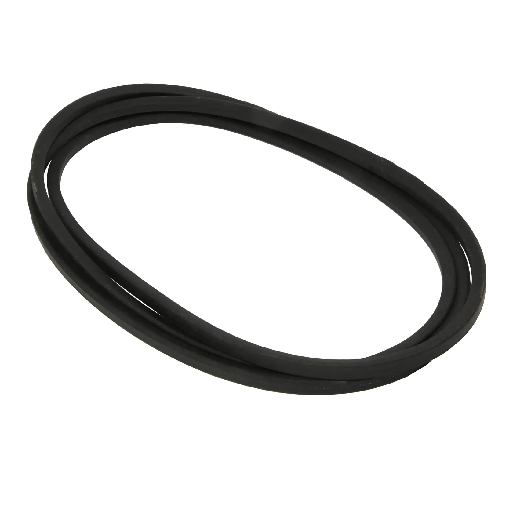 A black rubber replacement belt for machinery, shown coiled in an oval shape on a white background.