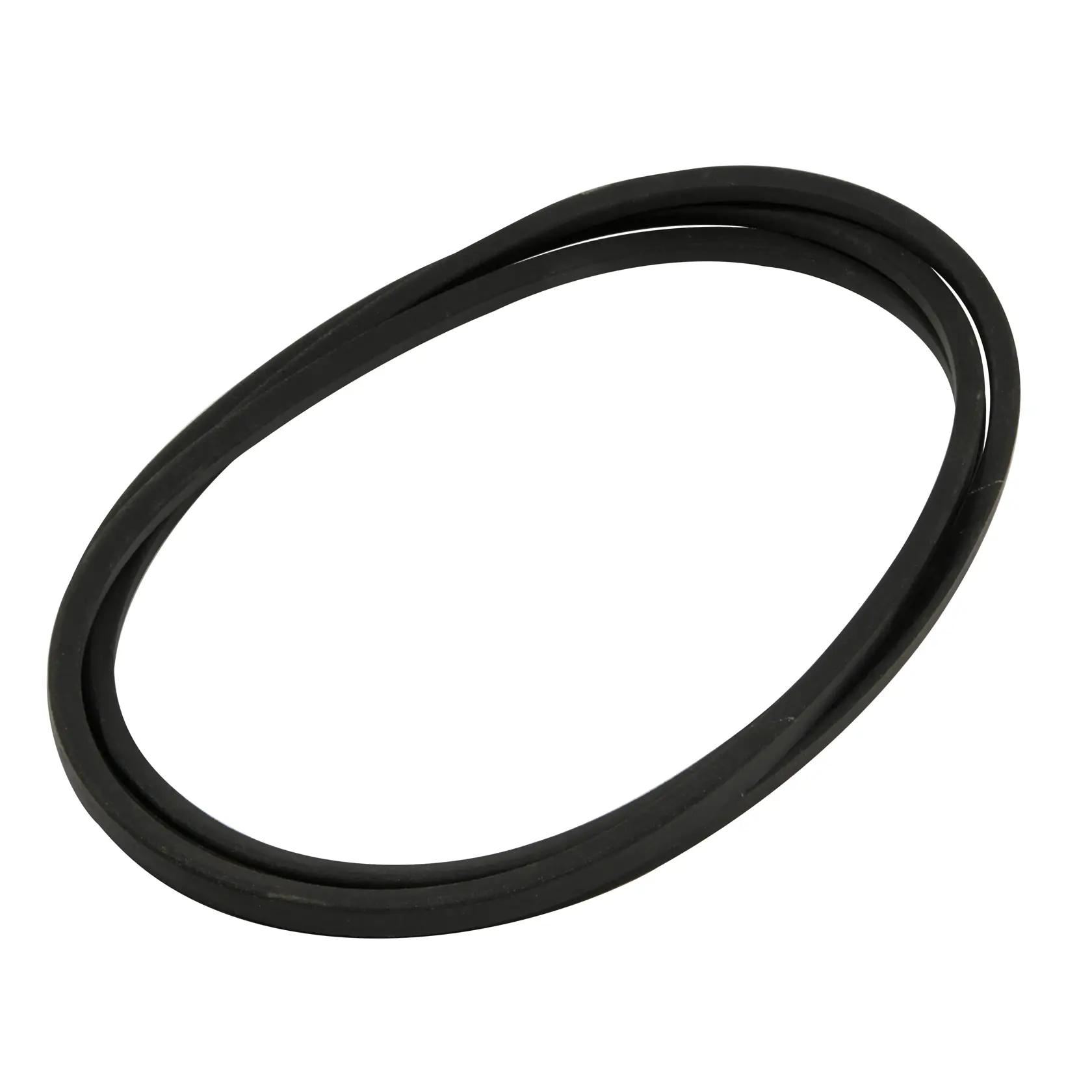 A black rubber drive belt, shown coiled in an oval shape, photographed against a white background.