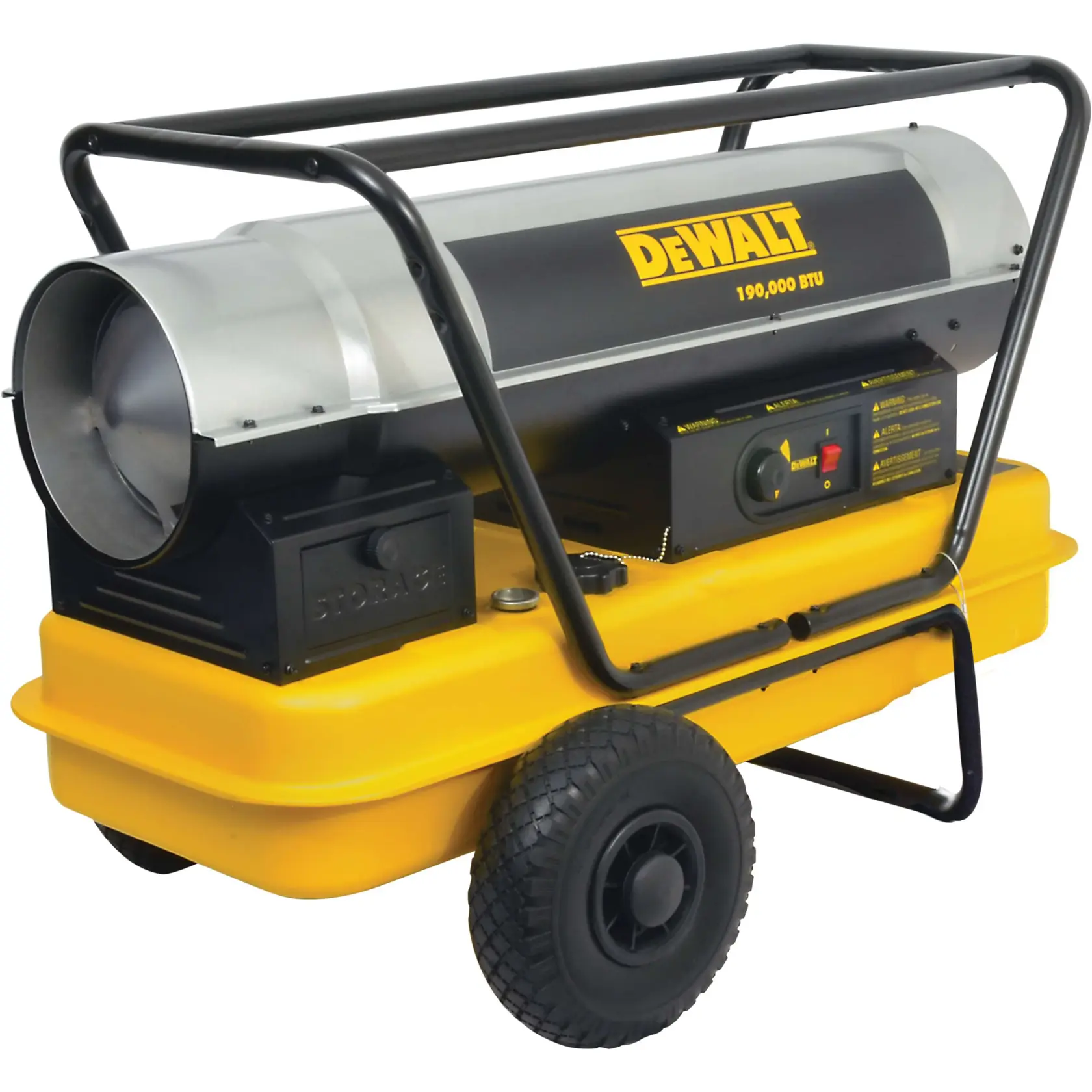 A DEWALT portable forced air heater with a yellow base and black frame, featuring wheels for mobility and a control panel on the side. The heater is labeled with 'DEWALT 190,000 BTU'.