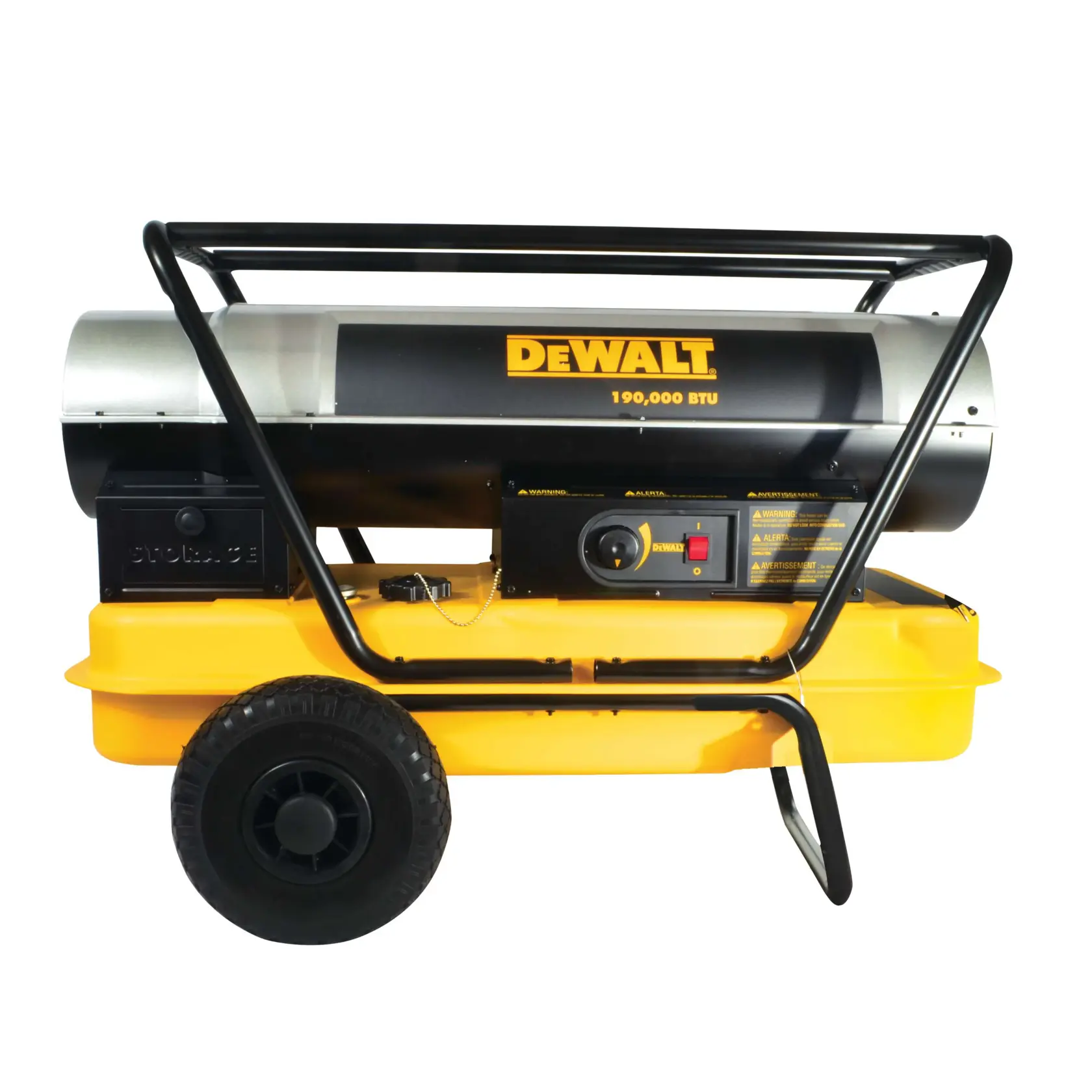 A DEWALT portable forced air heater with wheels, model DXH190HD, rated at 190,000 BTU. The heater features a yellow base, black metal frame, and a cylindrical heating component with control panel.