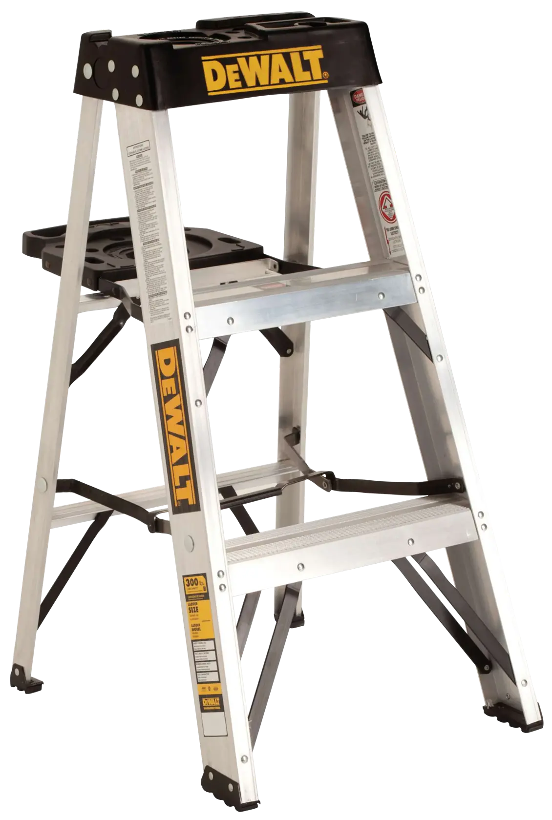 A DEWALT aluminum step ladder with a black top tray and brand logo. The ladder has tool holders and is designed for heavy-duty use.