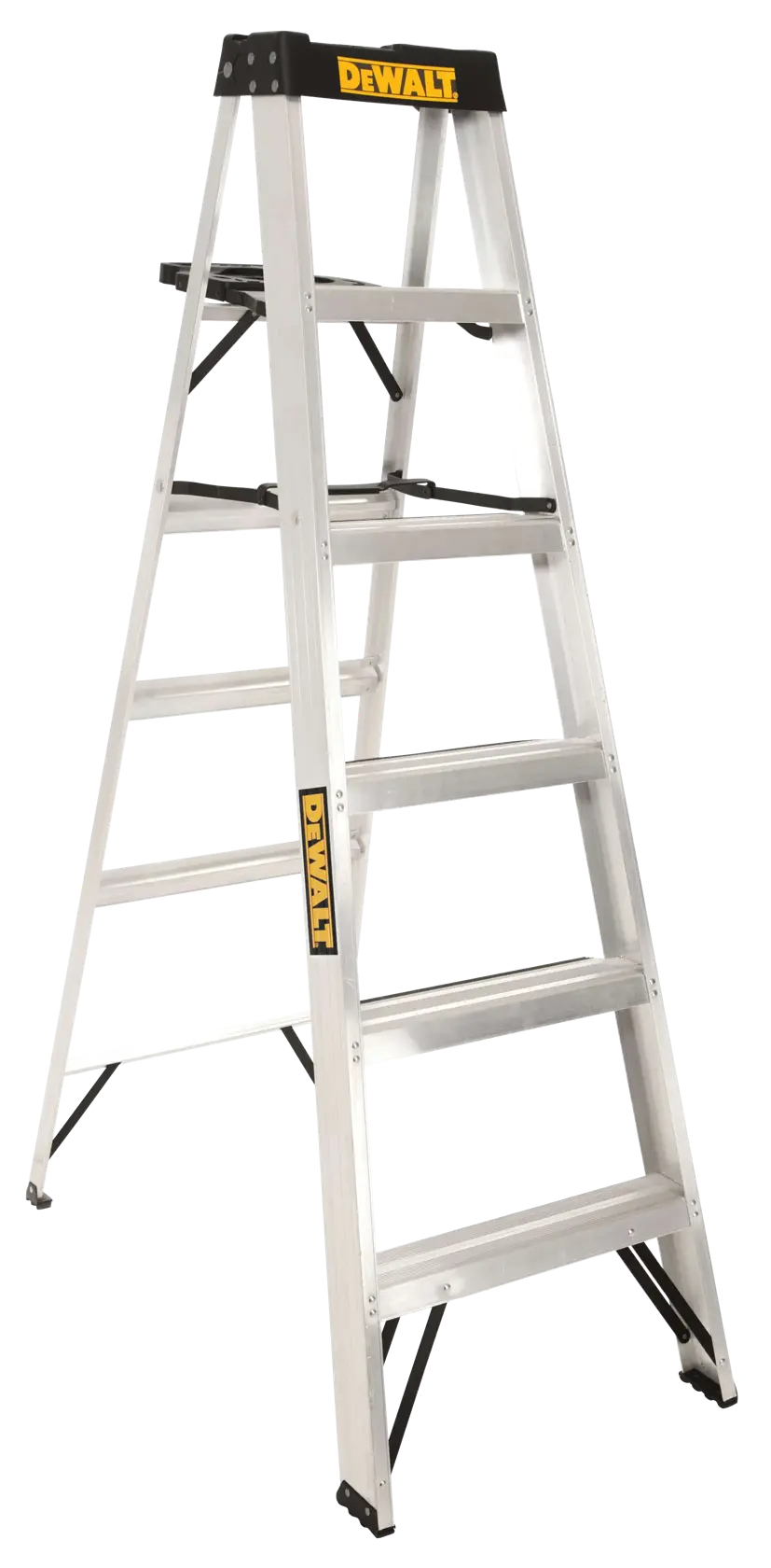A silver folding step ladder made of aluminum, branded with DEWALT logos on the top and side, shown against a white background.