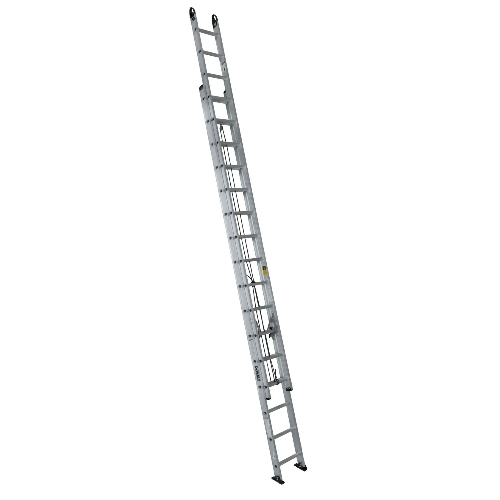 A tall, silver-colored extension ladder made of metal with multiple rungs, shown against a white background.