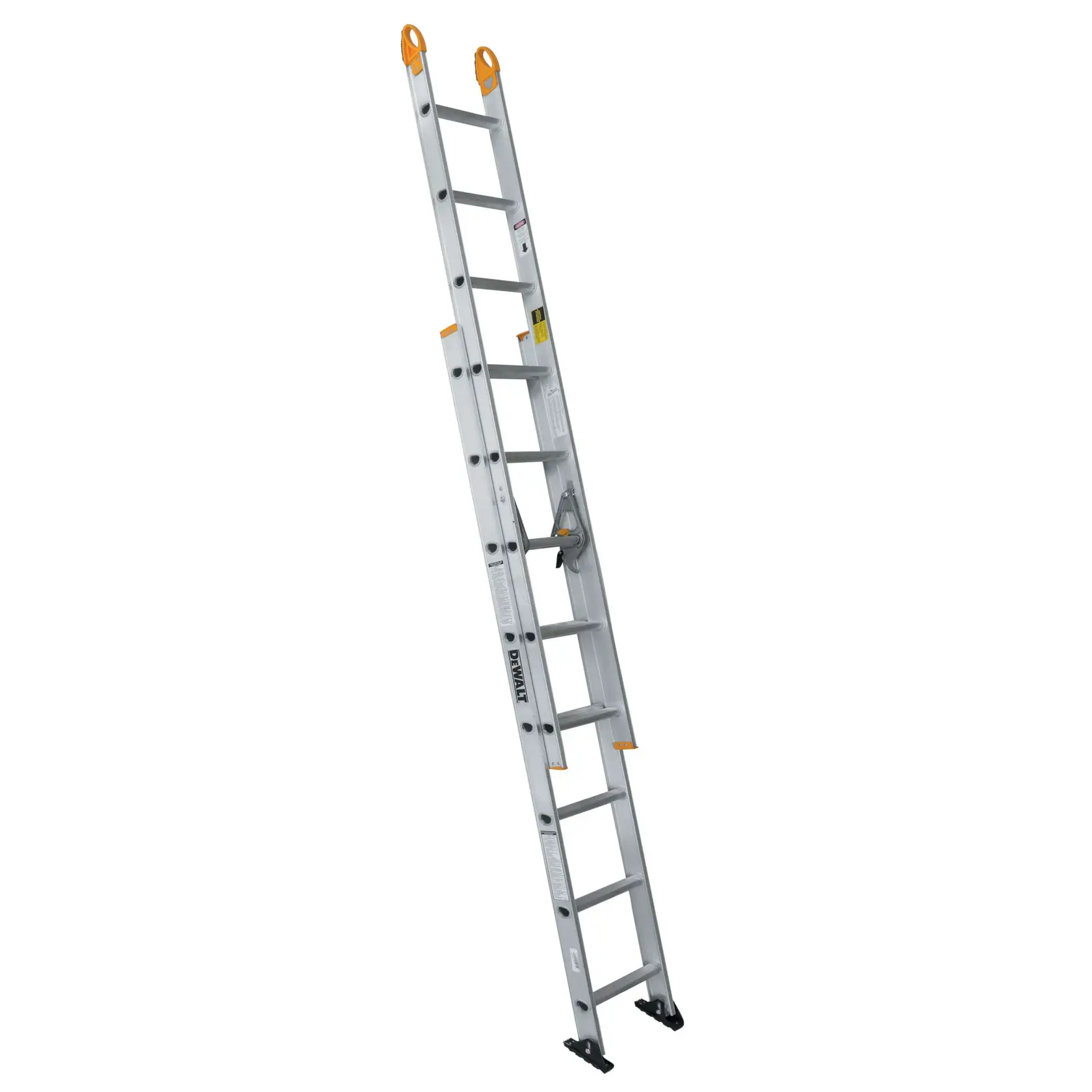 A silver DEWALT extension ladder with orange-tipped ends and anti-slip feet, angled for display against a white background.