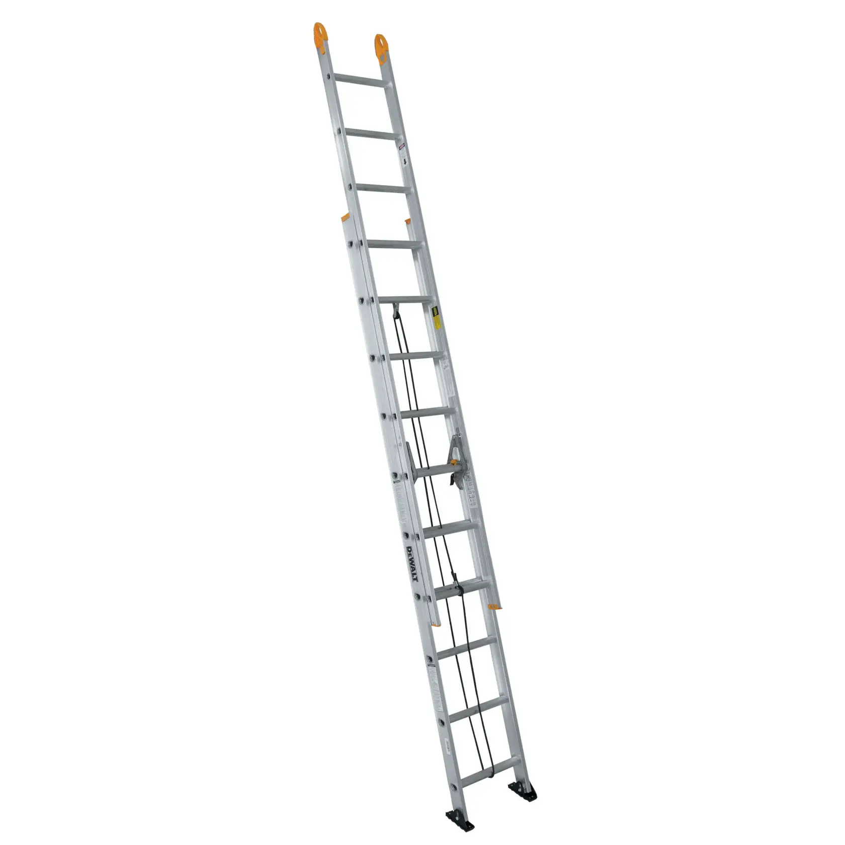 A DEWALT aluminum extension ladder with safety feet and yellow accents, shown standing upright against a white background.
