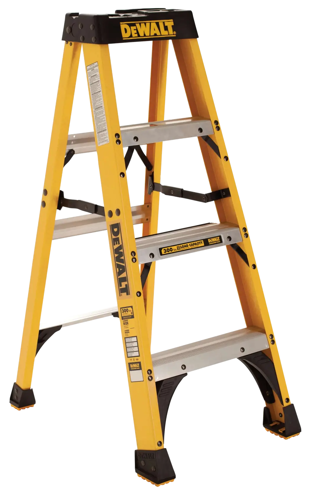 A yellow DEWALT step ladder with four steps and black accents, designed for robust, professional use.