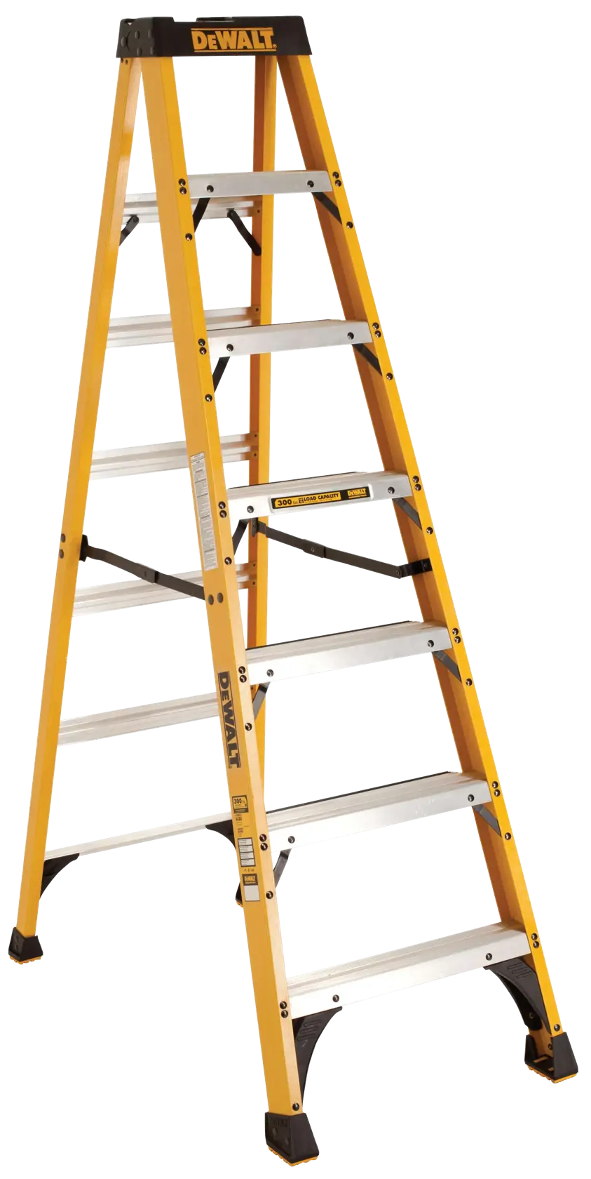 A yellow and black DEWALT stepladder with seven steps, made of metal and plastic, standing on a white background.