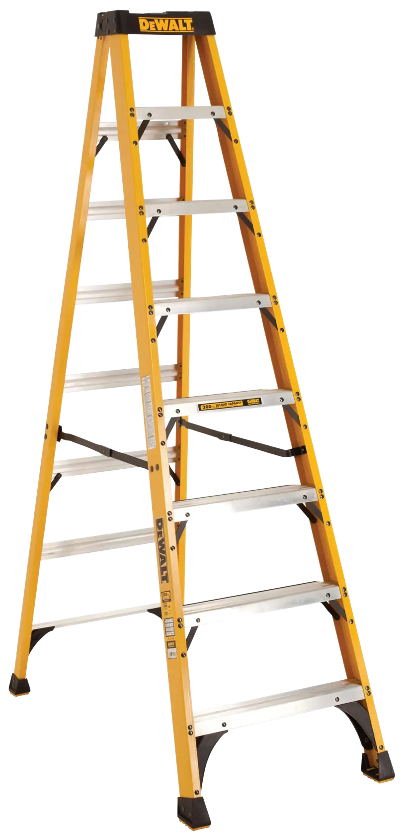 A yellow DEWALT step ladder with eight steps, featuring sturdy aluminum rungs and reinforced sides, standing upright on a white background.