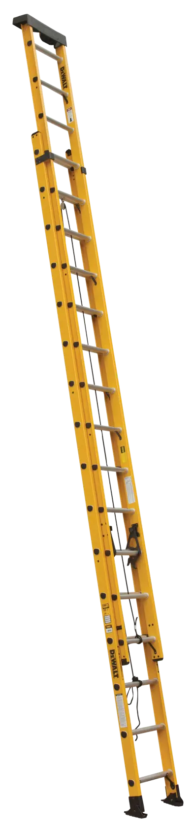 A yellow extension ladder with black feet and metal rungs, positioned upright against a white background.