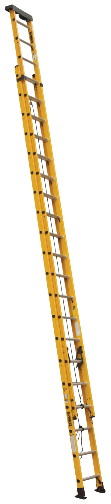 A tall, yellow extension ladder with black feet and rungs, shown standing upright against a plain white background.