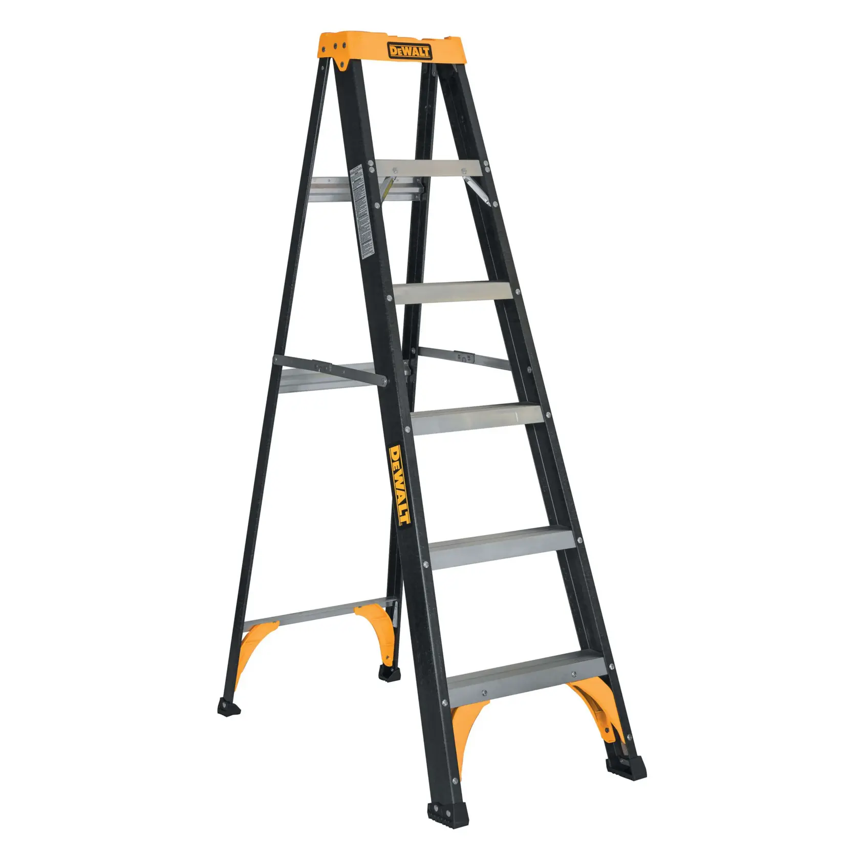 A black and yellow DEWALT step ladder with six steps. The ladder is made of sturdy materials and has reinforced side rails for added stability. It is free standing and shown against a plain white background.