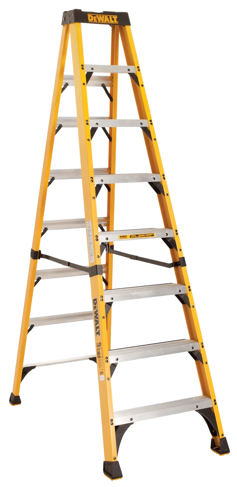 A yellow DEWALT step ladder with eight steps and black accents, shown standing upright on a white background.