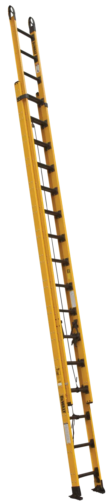 A yellow extension ladder with black feet, shown extended and standing upright against a white background.