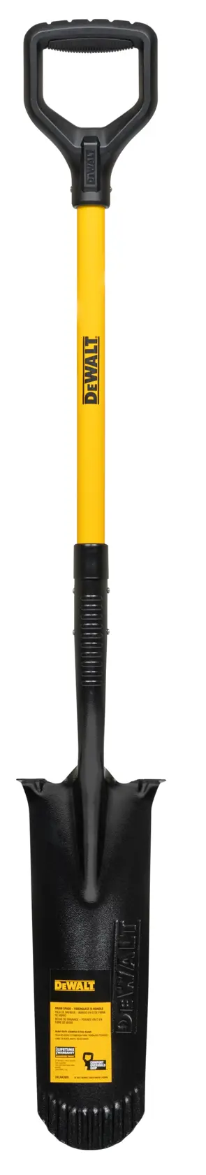 A DEWALT branded digging shovel with a yellow handle and a black D-shaped grip. The shovel features a narrow, black blade designed for digging and transplanting.
