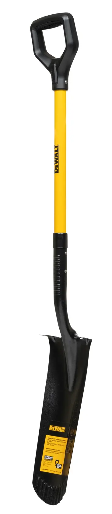 A DEWALT trenching shovel with a yellow shaft and black handle, designed for digging narrow trenches. The blade is black with a serrated edge and includes a DEWALT label with product information.