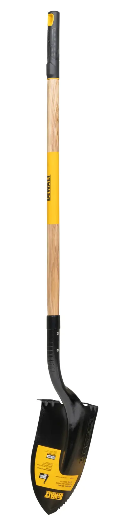 A DEWALT digging shovel with a wooden handle, yellow accent, and a black metal blade, designed for heavy-duty outdoor work.