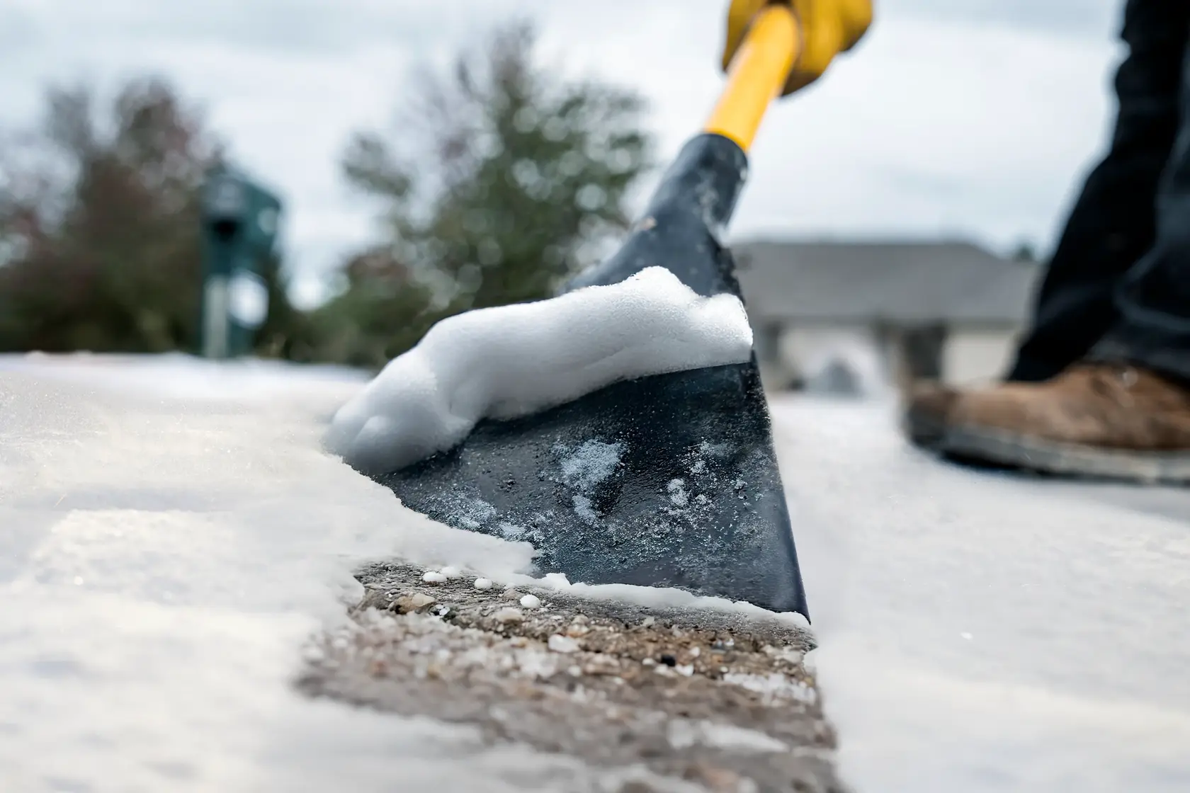 Close-up of a person using a snow shovel to clear ice and snow from a walkway, wearing a yellow glove and brown boot.