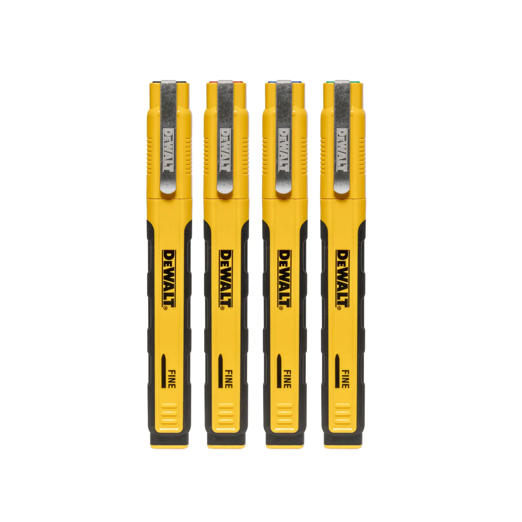 Promotional image displaying two yellow DEWALT jobsite ink markers with red and green tips. The image includes the text 'LONG CAP-OFF LIFE' and 'JOBSITE INK MARKERS' along with a clock icon, highlighting the durability of the markers when uncapped.