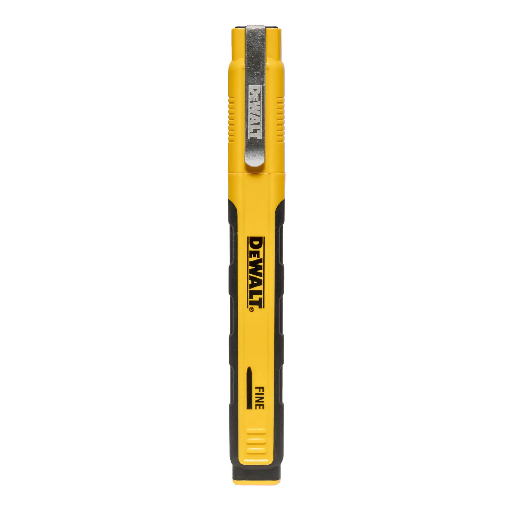 A DEWALT yellow and black marking tool with an anti-roll barrel design resting on a wooden beam. Text below reads: 'ANTI-ROLL BARREL DESIGN PREVENTS ROLLING OFF WORKBENCH.'
