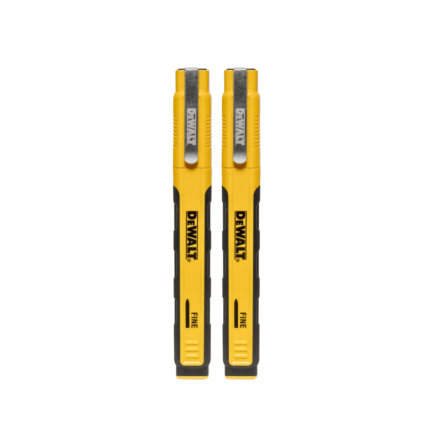 DEWALT chisel tip marker shown, featuring a yellow and black design. The image highlights several key features: a 3/16 inch (4.5mm) chisel tip, a metal clip for secure storage, a color indicator for ink identification, an anti-roll barrel design, a durable tip resistant to smushing or wear, and a molded rubber grip for comfort and durability.