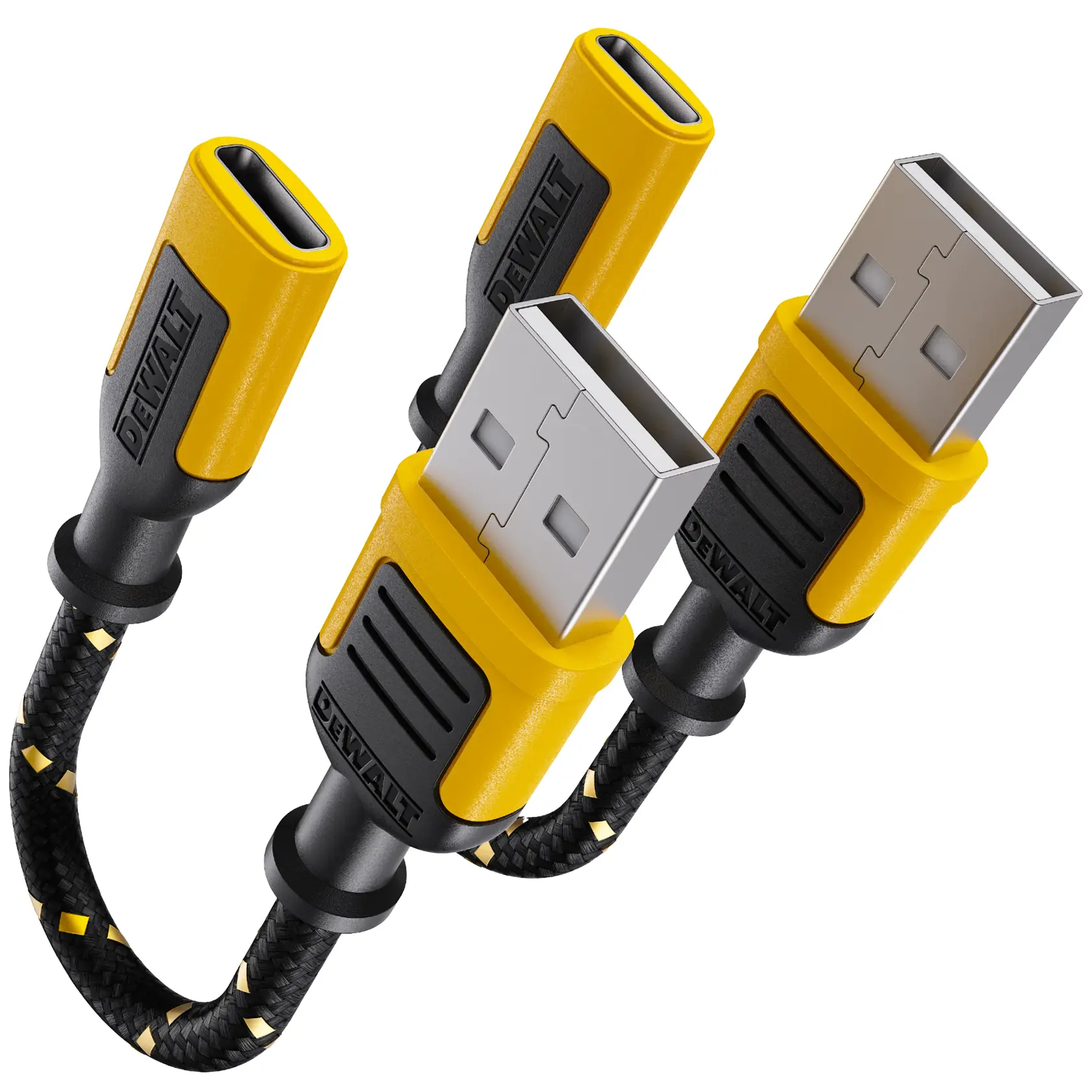 A close-up image of two DEWALT USB-A to USB-C braided charging cables with yellow and black connectors and reinforced cable sleeves.