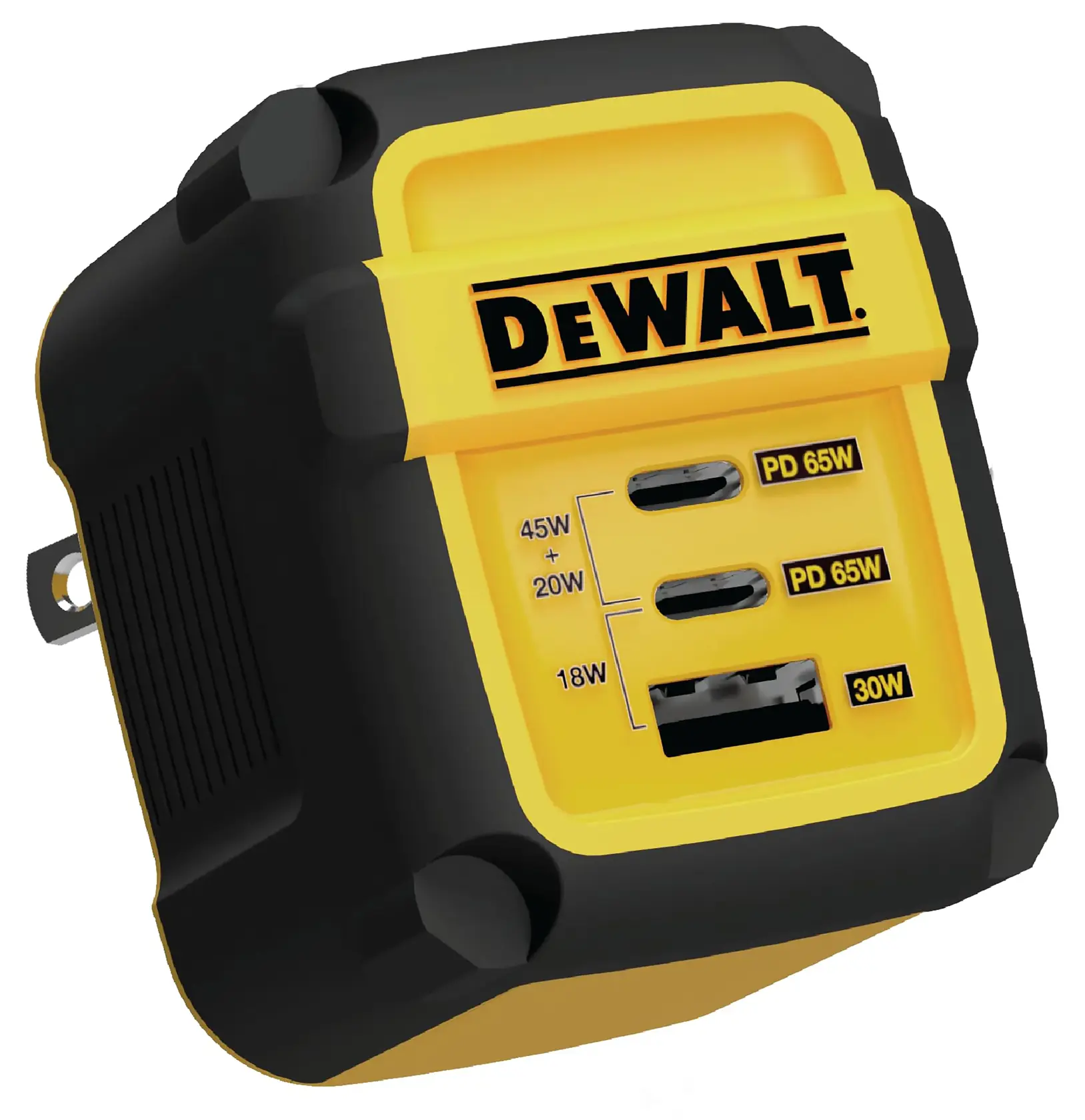 A DEWALT branded yellow and black wall charger with multiple ports. It features two USB-C ports labeled PD 65W and one USB-A port labeled 30W. Markings indicate the wattage options for each port.