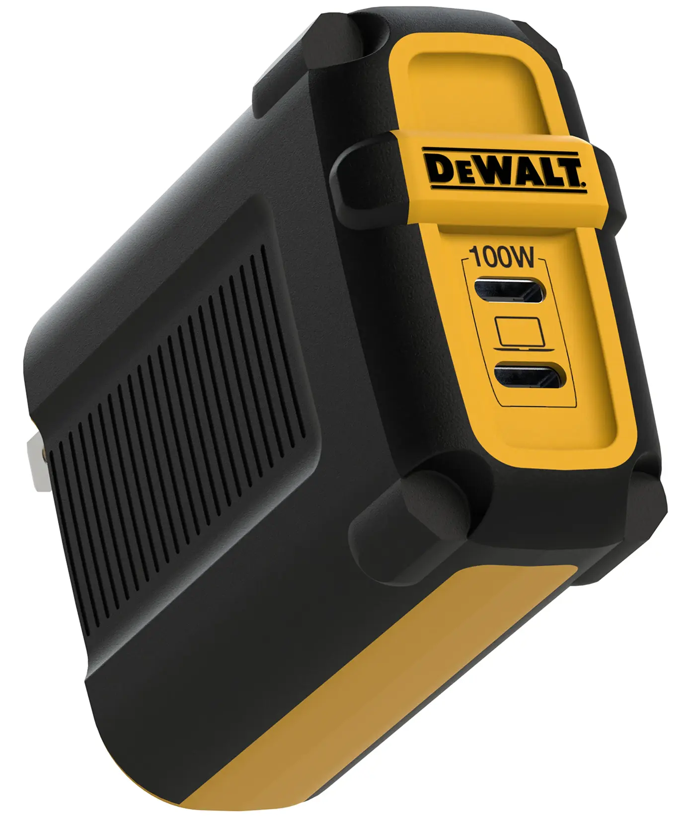 A DEWALT branded black and yellow power adapter with two USB ports labeled 100W. The adapter has a rugged design with reinforced corners.