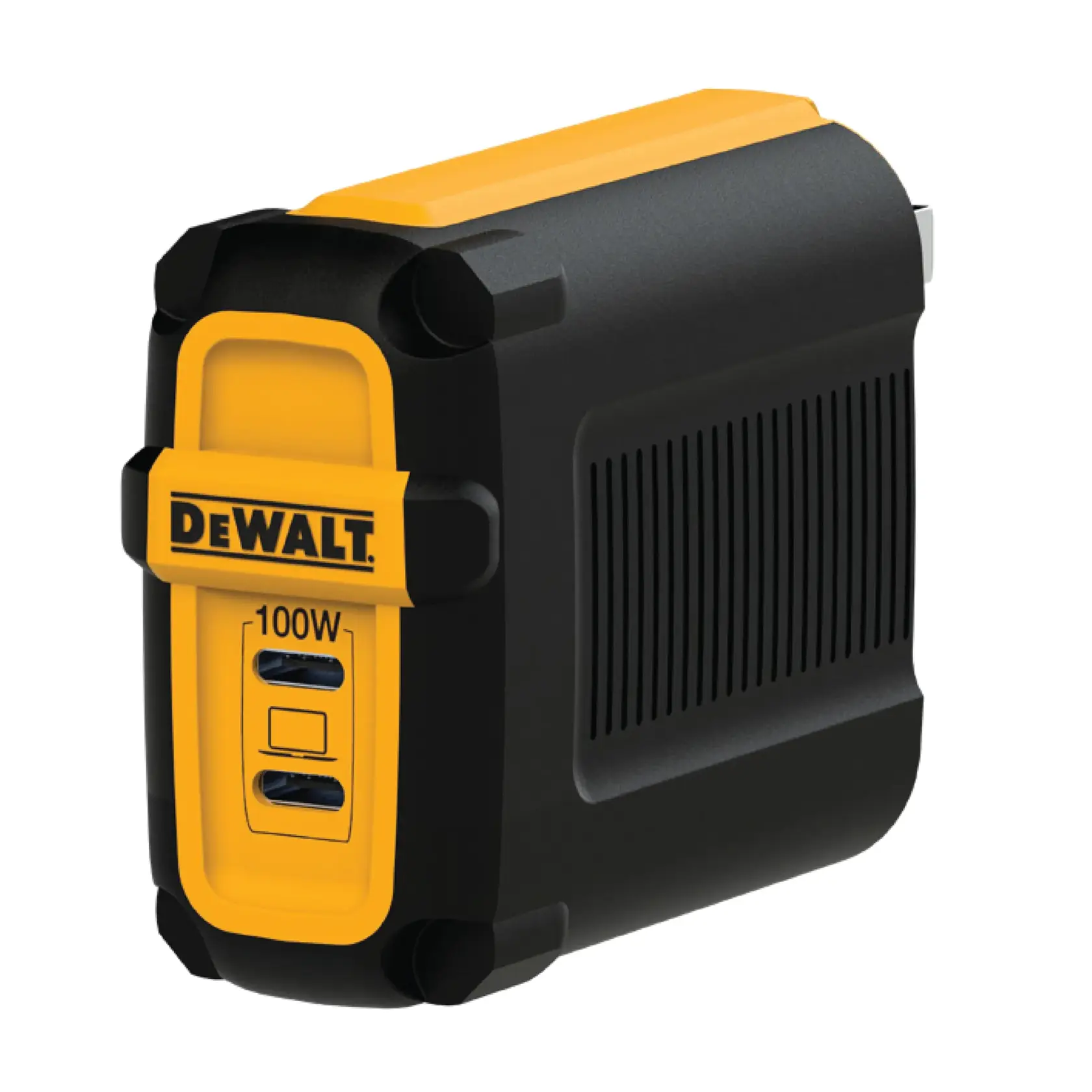 A DEWALT branded wall charger with a black and yellow design, featuring dual USB ports and labeled as 100W.