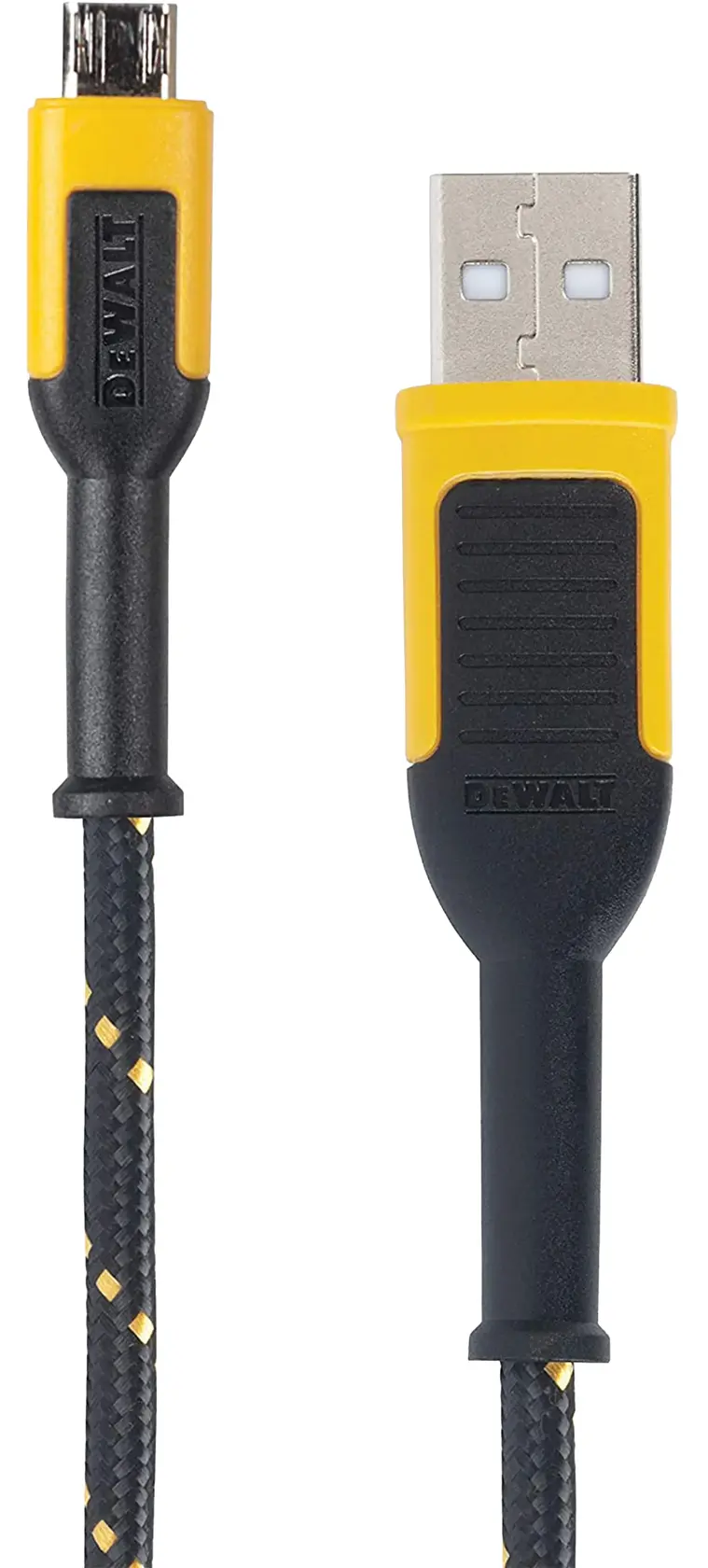 A DEWALT-branded braided cable with a USB-A connector and a micro USB connector. The connectors feature yellow and black accents, and the cable is reinforced with a patterned sheath for durability.