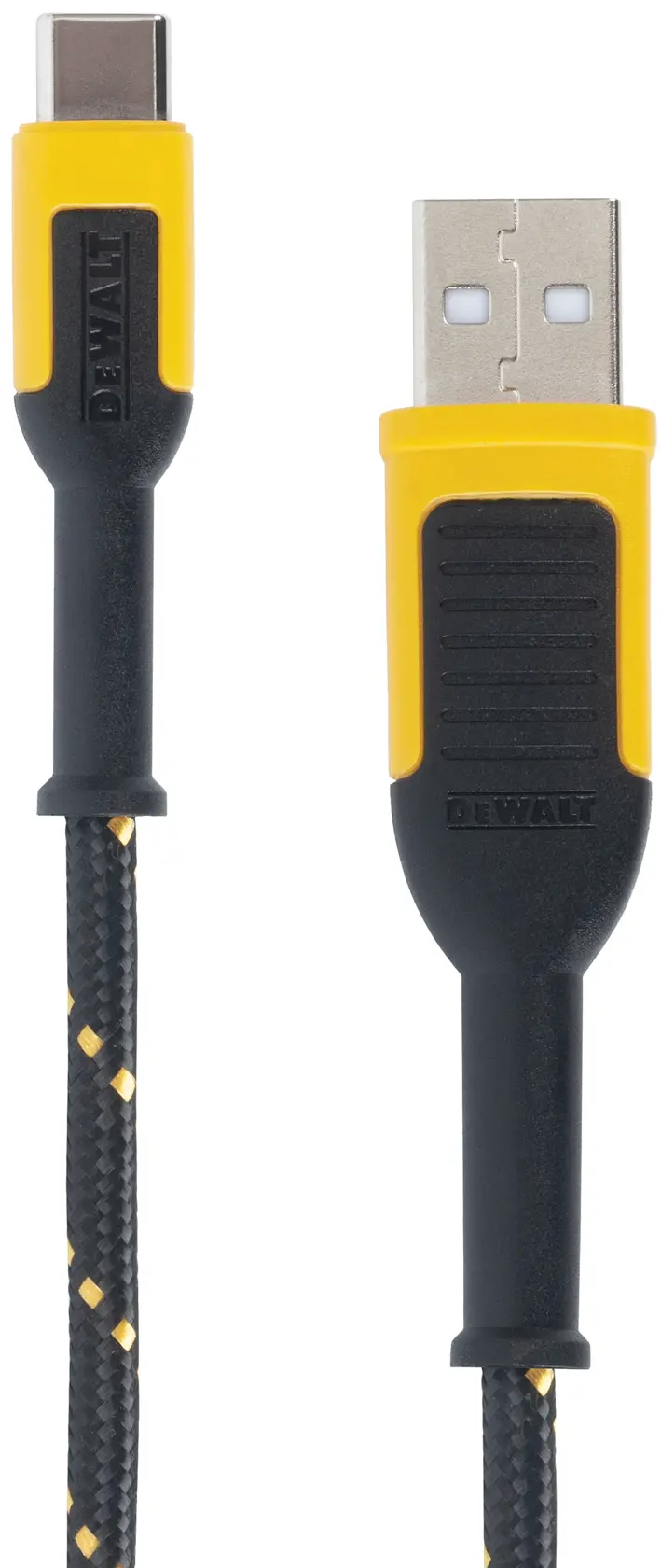 A DEWALT branded cable featuring a USB-A connector and a USB-C connector. The cable has a black braided exterior with yellow accents and reinforced ends.