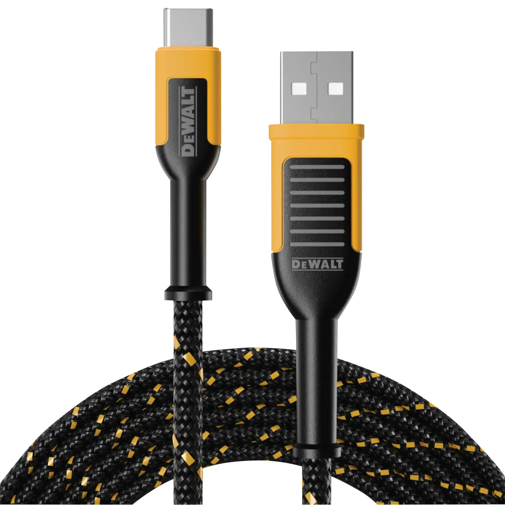 A DEWALT branded braided USB cable with a USB-A connector on one end and a USB-C connector on the other. The connectors are black and yellow, and the cable is black with yellow accents.