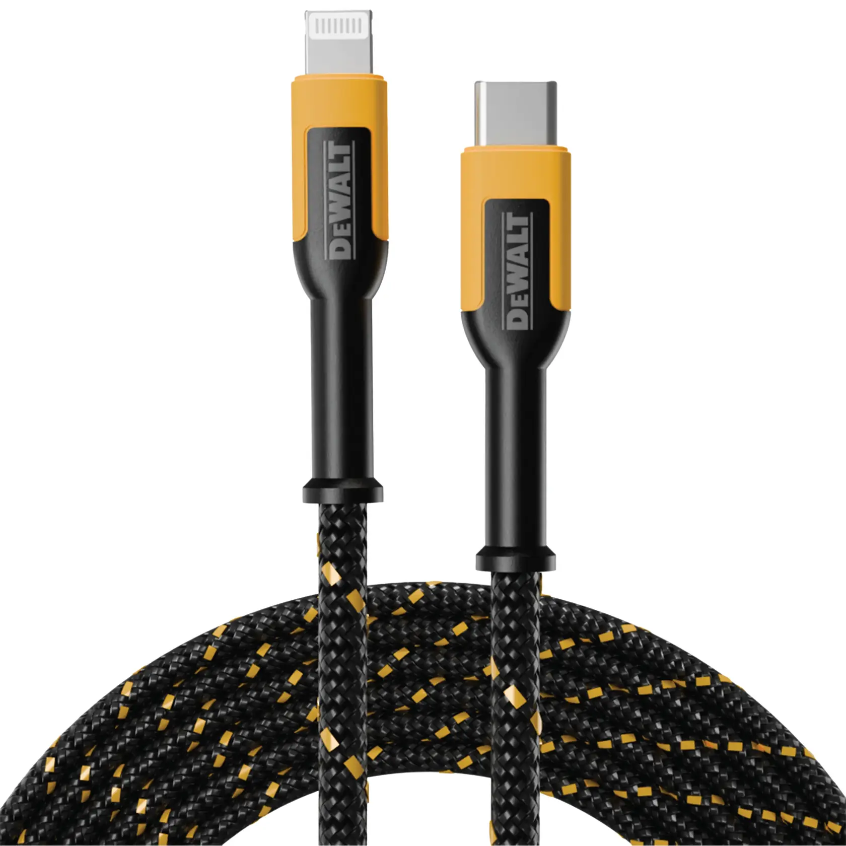A DEWALT-branded braided cable with a USB-C connector on one end and a Lightning connector on the other. The cable is black with yellow accents and both connectors have durable yellow and black casings.