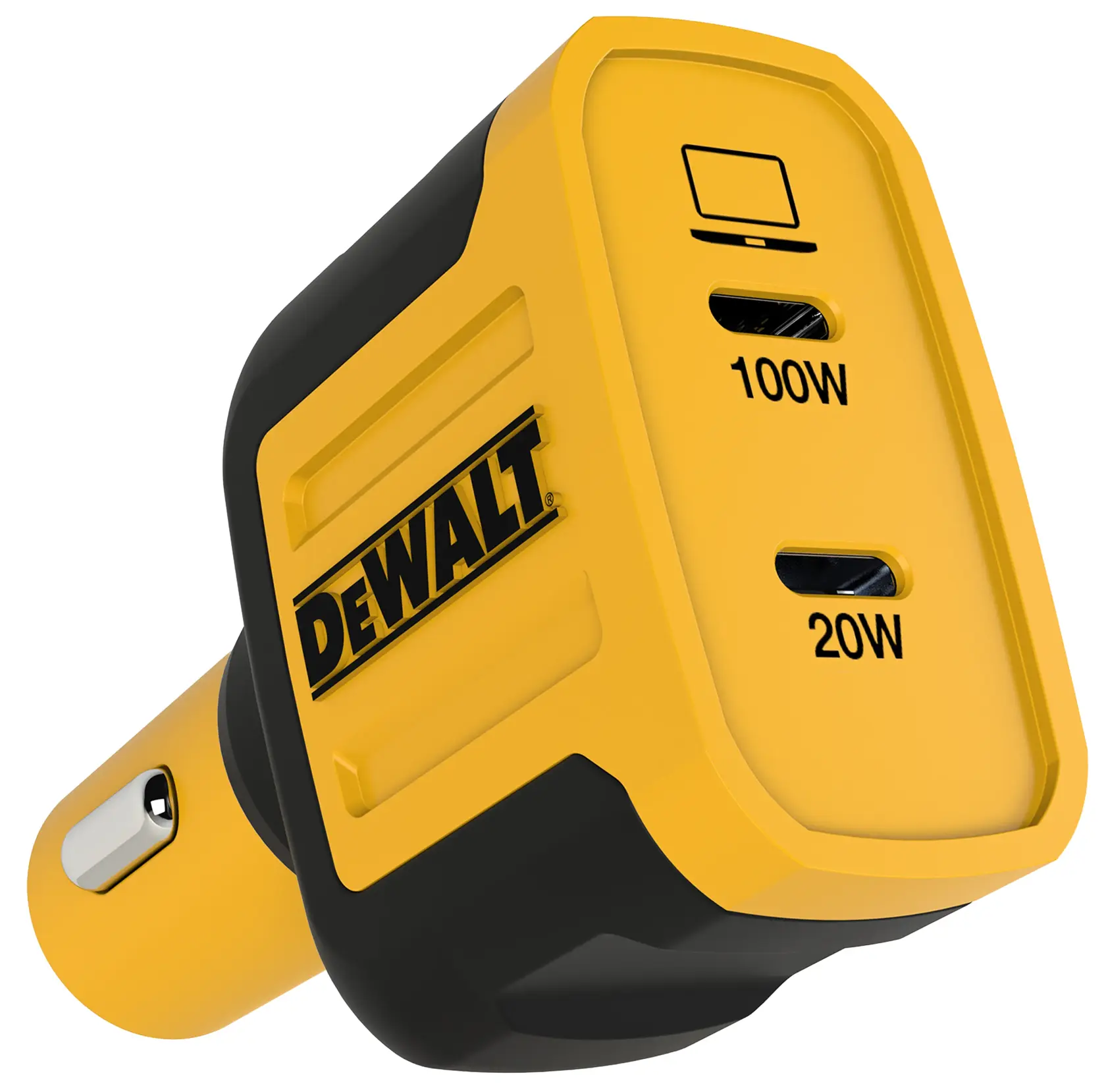 Close-up of a DEWALT branded yellow and black car charger with two USB-C ports labeled 100W and 20W.