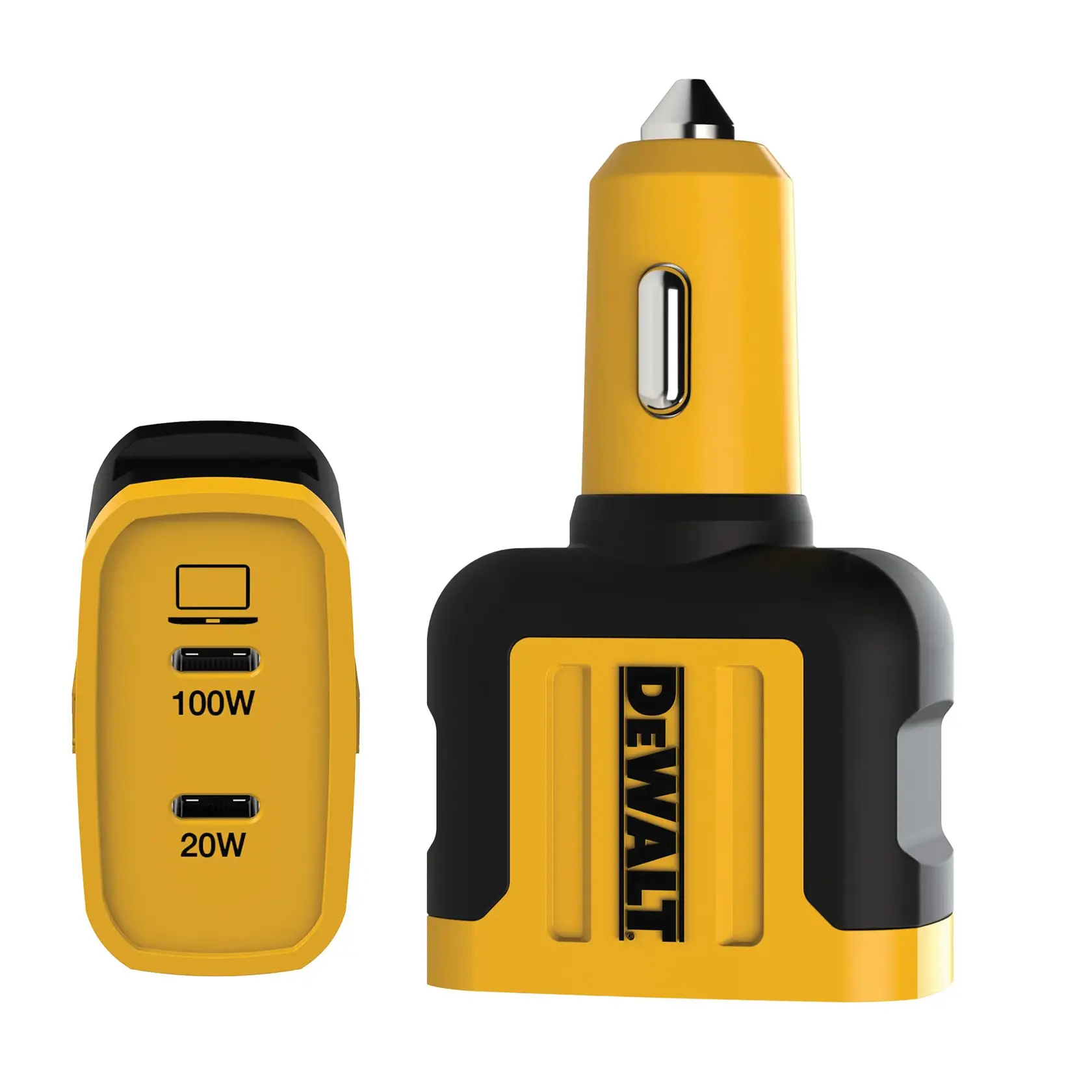 DEWALT yellow and black car charger with two USB-C ports, labeled 100W and 20W, designed for fast charging devices from a vehicle's power outlet.