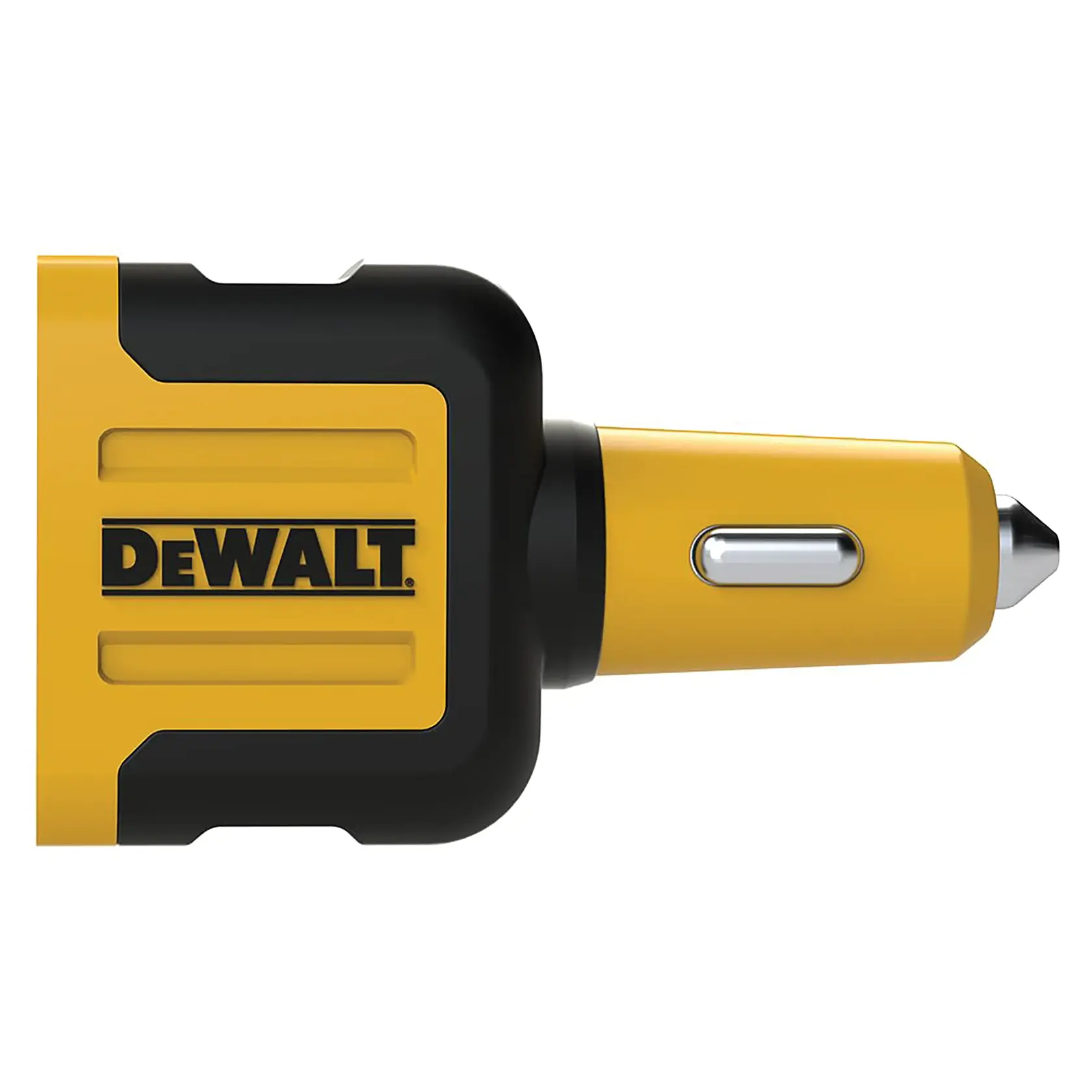 A yellow and black DEWALT car charger accessory with a compact, rectangular design and a metal tip for plugging into a vehicle's power outlet.