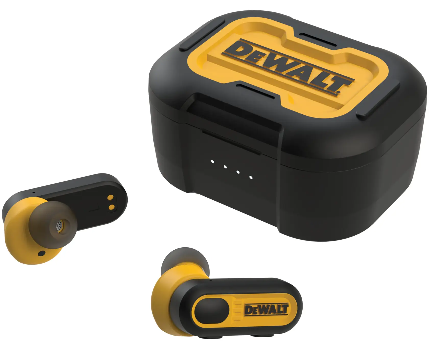 Hero shot of DEWALT True Wireless Earbuds and charging case in black-and-yellow, ruggedized style of the brand.