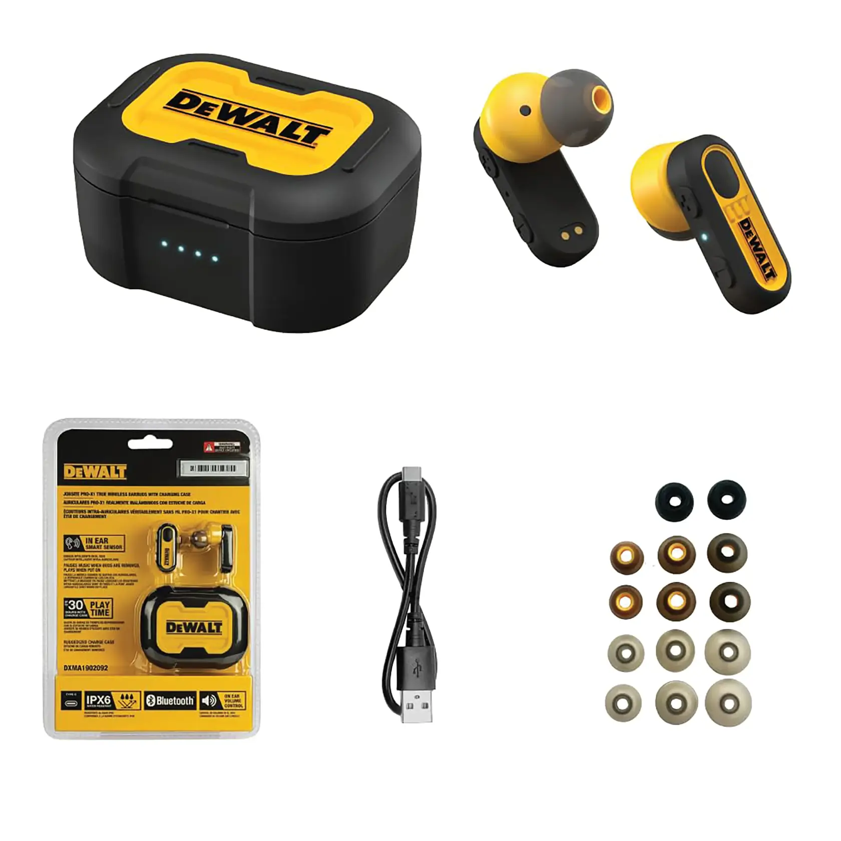 DEWALT wireless earbuds photography kit, SKU DXMA1902092, includes a yellow and black charging case, a pair of yellow and black wireless earbuds, retail packaging, a USB charging cable, and multiple pairs of interchangeable ear tips in various colors and sizes.