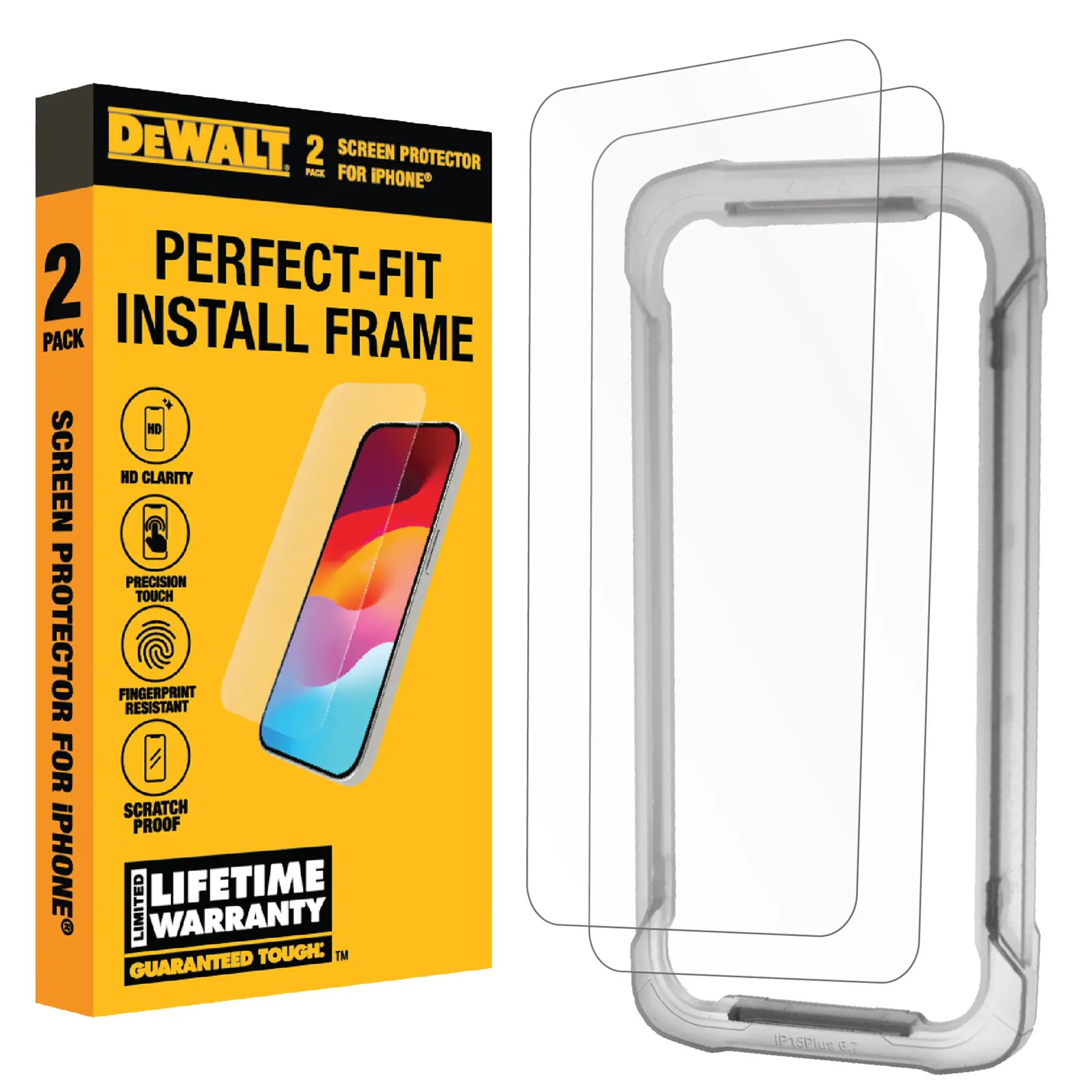 Hero show with product packaging for the DEWALT iPhone Screen Protector, highlighting 2 Pack and Install Frame.