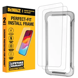 Hero show with product packaging for the DEWALT iPhone Screen Protector, highlighting 2 Pack and Install Frame.
