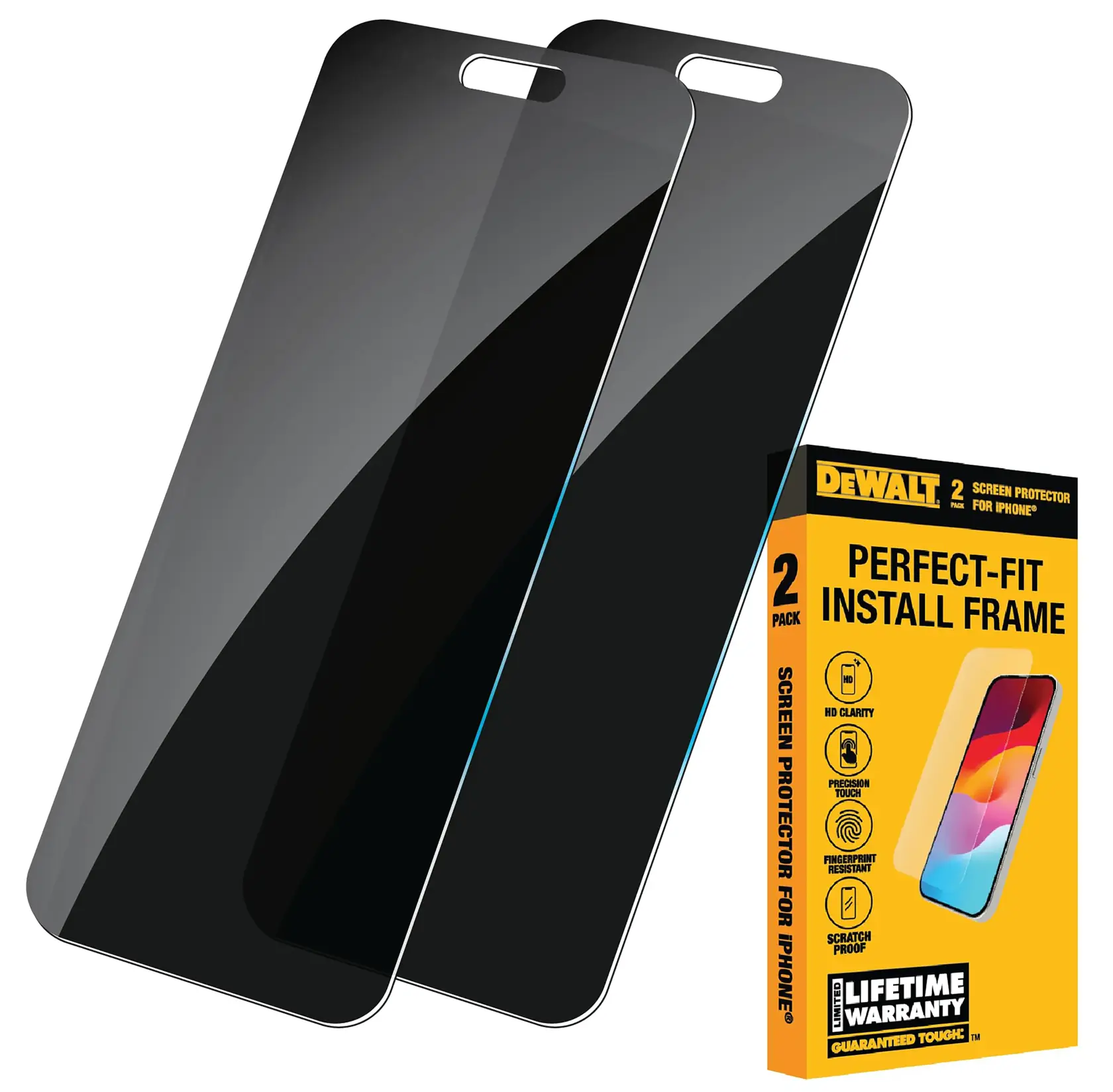 Two DEWALT tempered glass screen protectors for iPhone shown next to the product packaging. The box highlights features such as a perfect-fit install frame, HD clarity, precision touch, fingerprint resistance, scratch proof, and lifetime warranty.