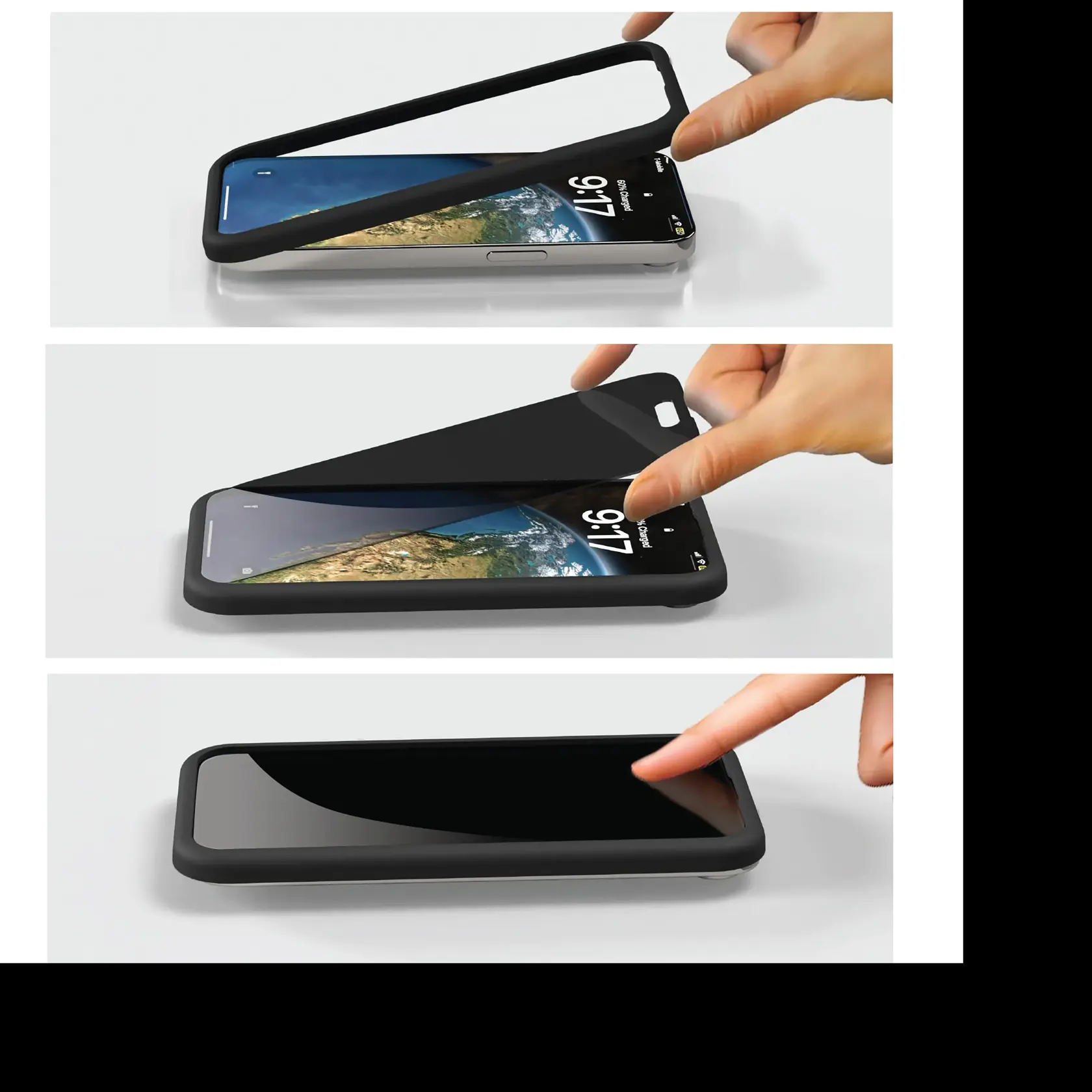 Three-panel image showing the installation of a phone screen protector. The first panel depicts a person placing a black rubber frame around a smartphone. The second panel shows the person applying a screen protector onto the phone. The third panel illustrates the person smoothing the screen protector with their finger to remove air bubbles.