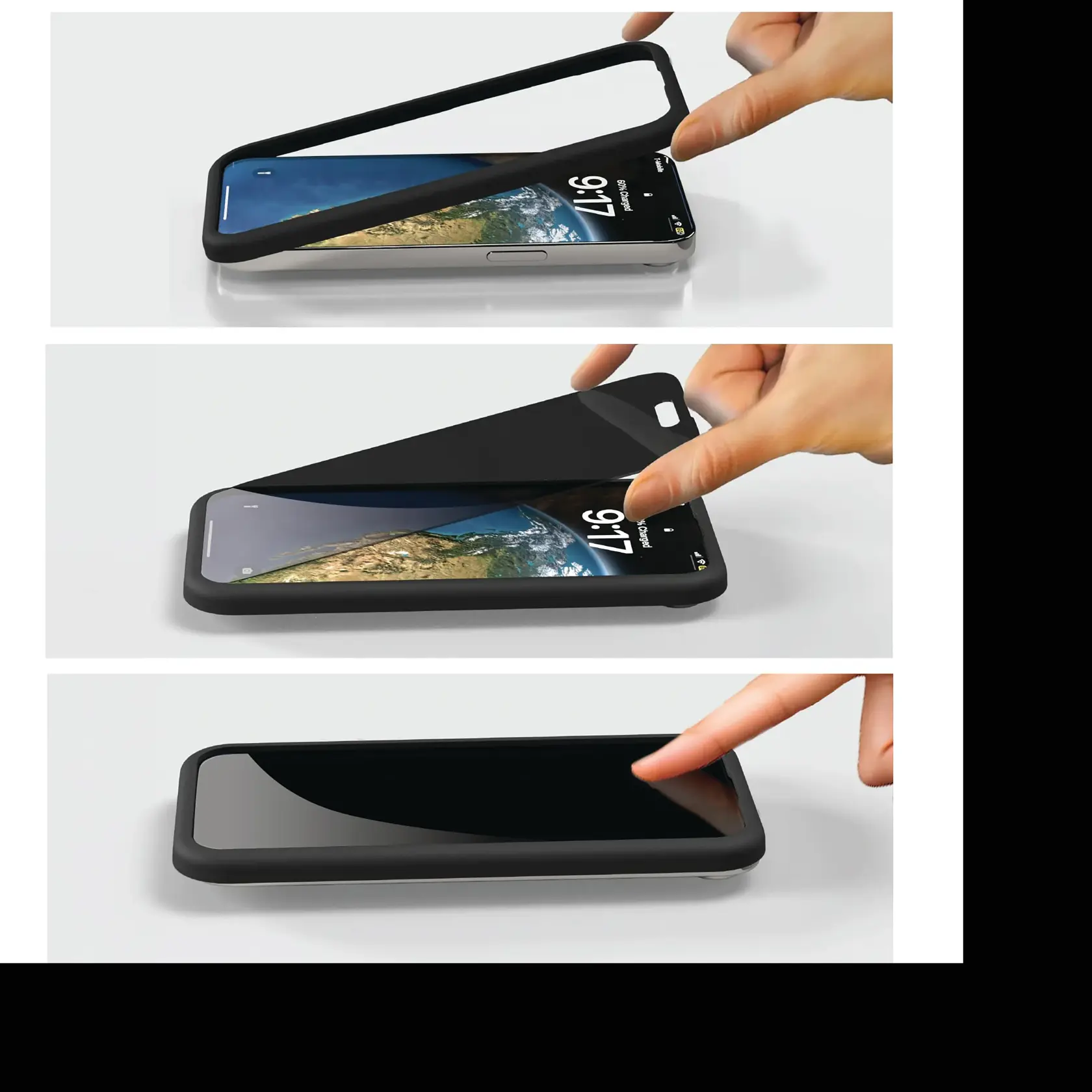Three images showing the step-by-step installation of a black protective case and screen cover onto a smartphone. A hand is fitting the case over the phone, then applying a flexible screen protector, and finally smoothing it over with a finger.
