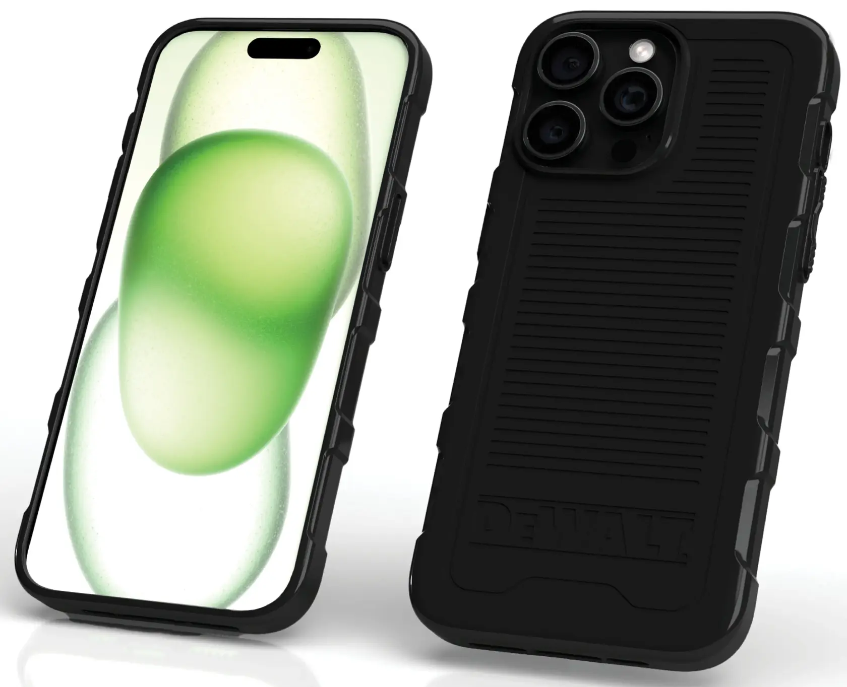 Two smartphones are shown, each with a rugged black DEWALT protective case. The phone on the left displays its screen with a green abstract background, while the phone on the right shows the rear side of the case, featuring a ribbed design and raised DEWALT logo near the bottom. Both cases have reinforced corners and textured sides for grip.