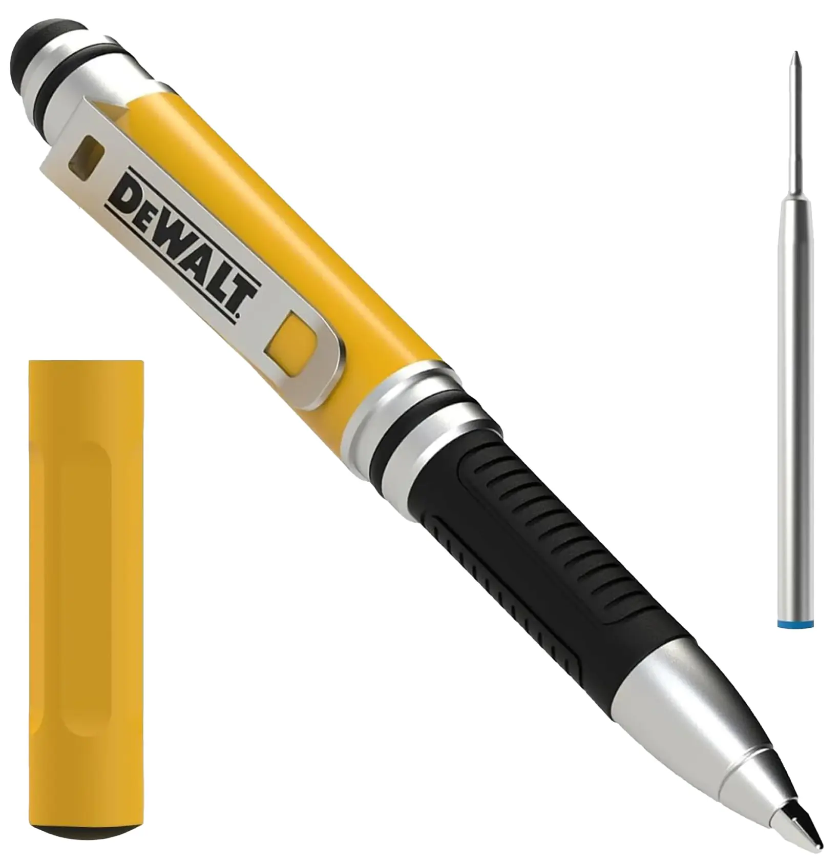 Uncapped 3-in-1 stylus pocket pen with blue ink refill, featuring a stylus, pen, and nylon tap-tip.